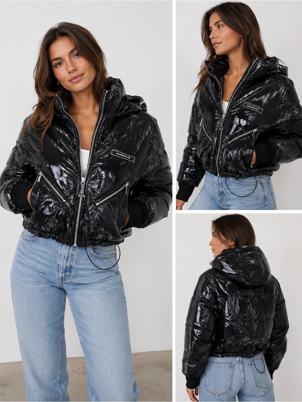 Manner De Voir Black Glossy Cropped Puffer Jacket Hooded Zip Coat Size 8 Chic